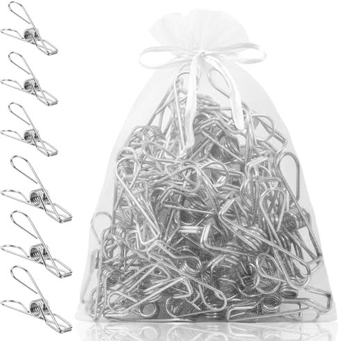 lohey 40 Pcs Pegs for Washing Line with Bag, Long-Lasting Stainless Steel Clothes Pegs Windproof Metal Clips, Strong-Grip Washing Line Pegs for Snack Bag, Washcloth, Pictures, Paper, Kitchen, Office