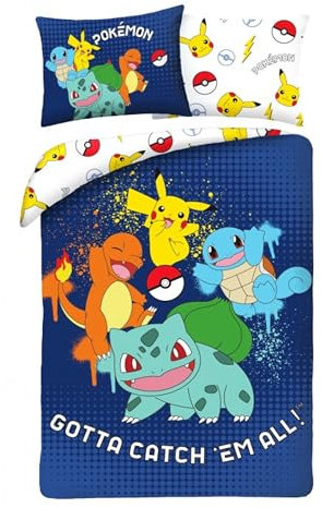 Kinder Bettwäsche Wendebettwäsche Kinderbettwäsche Öko-Tex Bettbezug 140x200 und Kissenbezug 70x90 Pokemon mit Pikachu, Glumanda, Schwertkäfer und Bulbizarr,