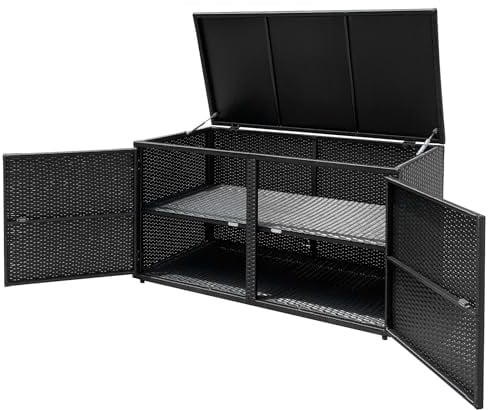 HOMASIS 335L Auflagenbox Wetterfest Outdoor, PE-Rattan Aufbewahrungsbox mit Deckel & Doppeltüren & Ablage, 2-stöckiger Gartenschrank Kissenbox Gartentruhe Gartenbox für Balkon, 115x60x65cm (Schwarz)
