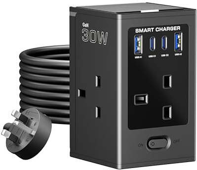 LIPWEL Extension Lead 4 Way Outlets with USB Slots Surge Protected 3250W Overload Protection 3M Extension Cord Multi Plug Power Strip GaN 30W Fast Charging 2 USB-A 2 USB-C Ports for Office Home