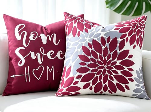Red and Grey Cushion Covers 45 x 45, 2 Pack Super Soft Short Plush Dahlia Sofa Cushion Cover, Floral Farmhouse Decorative Throw Pillows Case, Velvet Feel Pillowcase, For Living Room Bedroom Garden