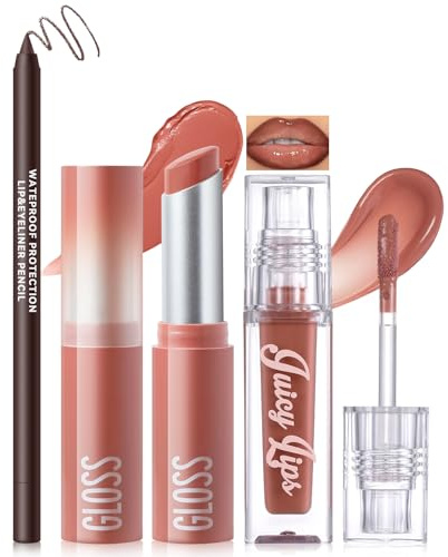 Noerrors 3PCS Mattes Flüssig-Lippenstift-Lippenbalsam- und Lipliner-Set, feuchtigkeitsspendender getönter brauner Lippenstift, nudefarbener Lipgloss für trockene Lippen Lippen-Kombi-Trio
