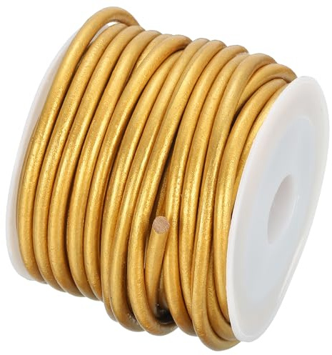 QUARKZMAN Round Leather String Cord, 5.5 Yards/5 m Cordon en Cuir Véritable Bolo Tie Cord Wax Rope pour Jewelry Making Bracelet Necklace DIY Crafts (Gold, 3mm/0.12)