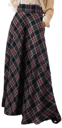 Jupe maxi pour femme - Ligne A - Vintage - Jupe d'hiver - Plaid chaud - Jupe en laine - Taille haute - Jupe à carreaux - Taille élastique - Décontractée - Jupe plissée - Streetwear - Confortable