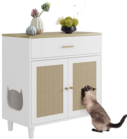 Meuble Litiere Chat avec 2 Rotin Porte,Maison de Toilette Chat Caché en Bois avec Tiroirs,Armoire à litière à Trou d’Entrée Latéral,Table d'appoint pour Salon,Chambre,Bain(82.5x80x40cm,Blanc)