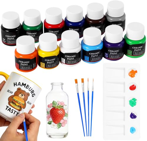 12 Farben Porzellanfarbe Spülmaschinenfest mit Pinsel und Palette, Permanente Keramikfarbe für Anfänger und Künstler, je 25ml Wasserdicht Keramik Bemalen Set für Keramik, Glas, Teller, Tassen