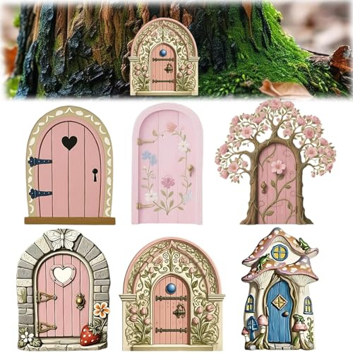 6 Stück Garten Feentür, Feenhaus, Feentür Dekoration, Baum Dekoration, Miniatur Fee Garten Dekoration, Traumhafte Holztüren, Märchenhafte Holztüren, für Bäume Terrasse Rasen Ornament