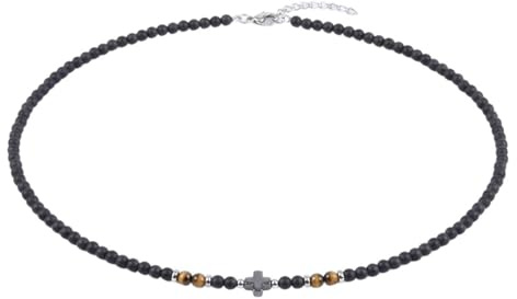 meberg Karma NH11094771 Perlenkette Schwarz Edelstahl 50 cm Perlen Tigerstein Herren Kette Herrenschmuck Männer Herrenhalskette Geschenk für Ihn Halskette
