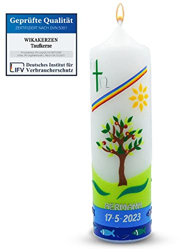 WikaKerzen Taufkerze Lebensbaum, 25x7 cm Kommunionkerze Taufkerzen für Junge und Mädchen handverziert als Geschenk zur Taufe & Kommunion | Jetz Farbe und Größe wählen