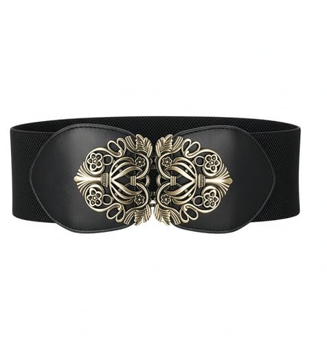 BlackButterfly Taillengürtel Damen Kunstleder Vintage | 7,5 cm Breit, Antikschnalle, Blumenranken, Nahtloser Verschluss, Rundum Dehnbar, Größen S-XXL, Taillenformer