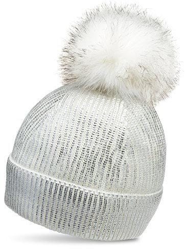 Caspar MU192 Damen Metallic Glitzer Bommelmütze gefüttert mit XL Bommel, Größe:One Size, Farbe:weiss metallic