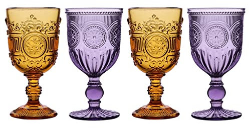 Dibor - Embossed Wine Glass Set of 4 Large 300ml Wine Goblets Purple & Amber Mandala Glassware Set