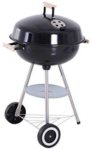 Outsunny Barbacoa de Carbón Vegetal con Ruedas Parilla de Carbón BBQ Portátil Tapa y Tazón Esmaltados Mangos de Madera 48x56x85cm para Jardín Exterior Picnic Acampada