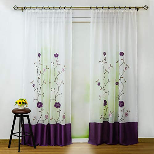 Joyswahl Voile Gardine transparenter Vorhang mit Bestickerei Blumen »Rose« Schals Fenster Vorhänge BxH 140x225cm Violett mit Kräuselband 2 Stück