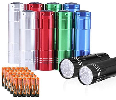 yikosam 10 Pack of Flashlights 9 LED Mini Aluminum Flashlight Bulk with Lanyard 30 AAA Batteries Included Assorted Colors Handheld Flashlights for Hurricane Supplies Camping, Night Reading, Cycling