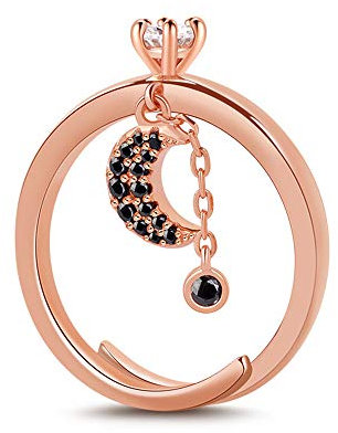 Gnoce 18k Rose Gold Vergoldeter Sterling Silber Damen Stern Ring Sternmond mit schwarzen & weißen Steine Geschenk für Jubiläumsversprechen Valentinstag