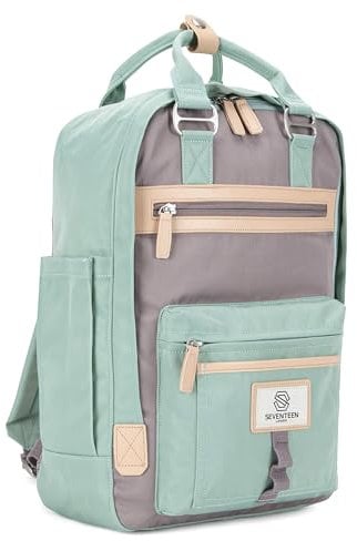 SEVENTEEN LONDON – 12L Laptop-Rucksack für Damen 13 Zoll Mädchen Jungen Schulrucksack Wasserabweisendes Nylon Tagesrucksack in Pastellgrün und Grau für Universität/Reisen/Herren – 'Wimbledon'
