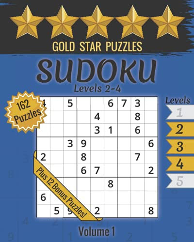 Gold Star Puzzles - Sudoku Levels 2-4 - Volume 1: 162 Logic Puzzles - (Medium, Hard, Very Hard) - Blue Series - Large Print Sudoku Puzzle Book - 12 Bonus Sudoku Variation Puzzles