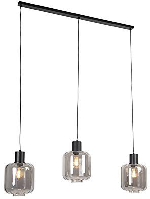 Qazqa - Design Hängelampe I Pendellampe I Pendelleuchte schwarz mit Rauchglas 3-flammig-Licht 161,5 cm - Qara I Wohnzimmer I Schlafzimmer - Länglich - LED geeignet E27