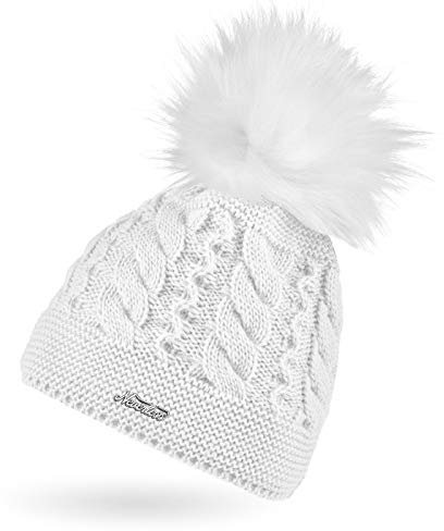 Neverless® Damen Strick-Mütze mit Zopfmuster gefüttert mit Fleece Pelzbommel Kunstfell Winter-Mütze Bommelmütze weiß