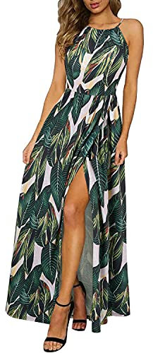 KILIG Sommerkleid Damen Lang Maxikleid Neckholder Elegant Sommer Kleid Hochzeitsgast Partykleid Schlitz Freizeitkleid (Floral-N,X-Large)