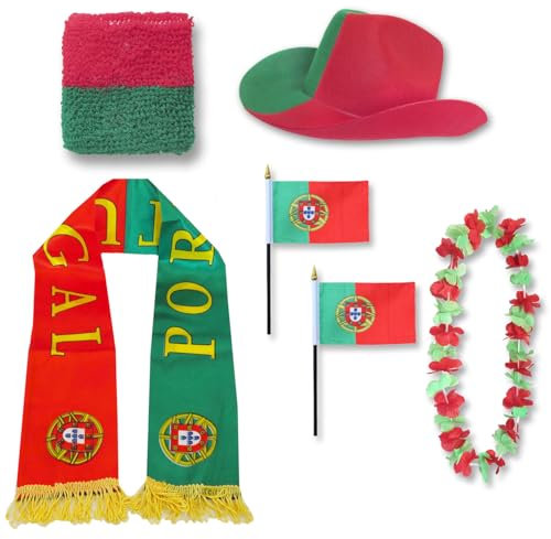 Sonia Originelli Fanset Fanartikel Fanhut Blumenkette Fanschal Schweißband Fähnchen WM EM Farbe: Portugal
