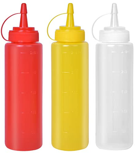 Mikihat 3 PCS Plastic Squeeze Bottles, Sauce Bottles with Cap,200ML Condiment Dispensers for Home Ketchup, Mustard, Mayo, Dressings, Olive Oil, Hot Sauce, BBQ (Red ,Yellow, Transparent)