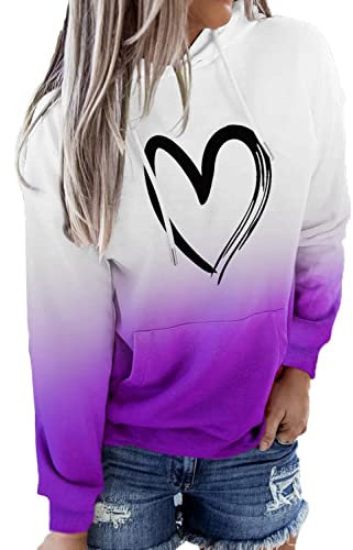 HVEPUO Teenager Mädchen Pullover Herz Print Hoodie Couple Farbverlauf University Hoody Damen Mit Kapuze Herbst Queen Heart Kapuzenpullov Batik Oberteil Lila XL