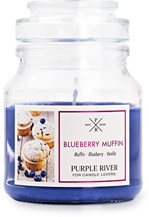 Purple River kleine Duftkerze im Glas mit Deckel | Blueberry Muffin | Duftkerze Süß | Sojawachskerze | Raumduft für Zuhause | Geschenke für Frauen