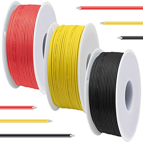 DAOKAI Cable de silicona de calibre 18, 600 V, 18 AWG, cables de cobre revestidos de estaño trenzados, 3 colores (negro, rojo, amarillo), 7 m/23 pies cada cable eléctrico, kit de cable de conexión