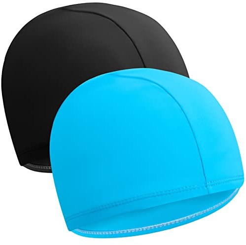 Bohoman 2pcs Bonnet de Bain Piscine, Enfants Adulte Bonnet de Bain Élastique Tissu Polyester Souple Bonnet de Natation(Noir + Bleu Roi)