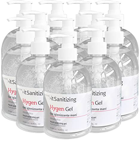 Hygen Gel Mani Disinfettante Igienizzante 12 Litri Antibatterico Sanificante Alcool 75% Elimina Virus Naturale con Aloe Vera e Timo Senza Risciacquo Profumato al Limone - 24 Flaconi da 500 ml