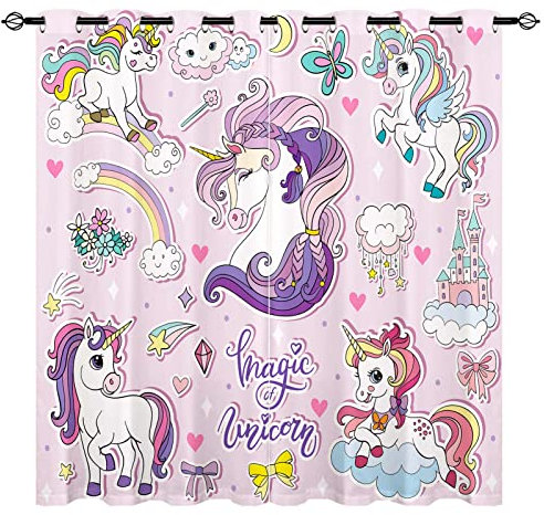 YUANZU Einhorn-Vorhänge – Kinder süßes Cartoon Element Regenbogen Tierdruck Muster Öse Verdunkelung Raum Verdunkelung für Jungen Mädchen Baby Kinderzimmer Schlafzimmer 2 Paneele B 75 cm x T 166 cm
