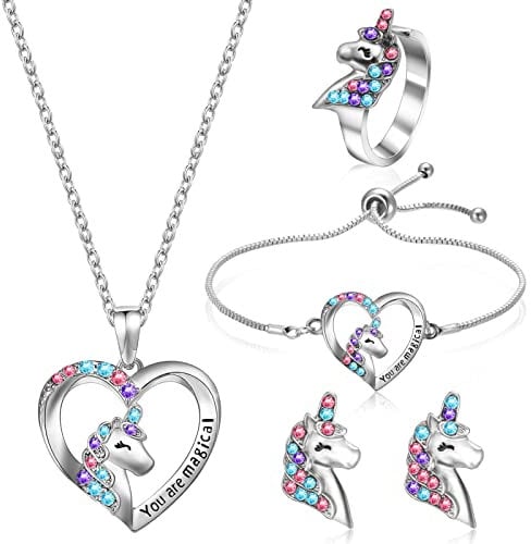 FANTESI 5 Stück Einhorn Halskette Armband für Mädchen Einhorn Ring Ohrringe Herz Halskette Kinderschmuck Set mit Präsentkarton für Kindern Tochter