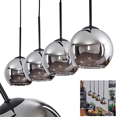 Hängeleuchte Koyoto, Hängelampe aus Metall/Glas in Schwarz/Chromfarben, Leuchte 4-flammig im Vintage/Retro Design mit Schirmen aus Glas (Ø 15 cm), Höhe max. 147,5 cm, 4 x E27, ohne Leuchtmittel