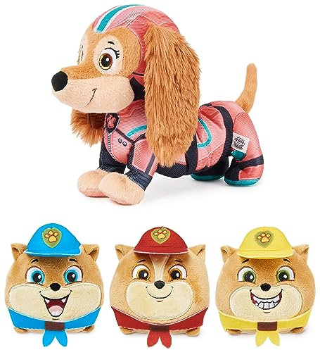 PAW PATROL: Der Mighty Kinofilm, Liberty Plüschfigur mit Stretch-Funktion und 3 Junior Patroller Mini-Plüschfiguren, 24cm lang, Spielzeug geeignet für Kleinkinder