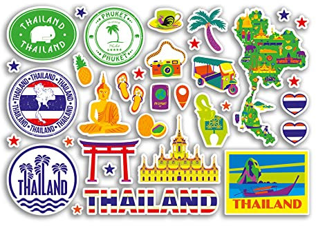 A5 Stickerbogen Thailand Sehenswürdigkeiten Vinyl Aufkleber – Helle thailändische Karte Flughafen Stempel Skyline Flagge Reise Urlaub Land Stadt Ästhetisch #80323