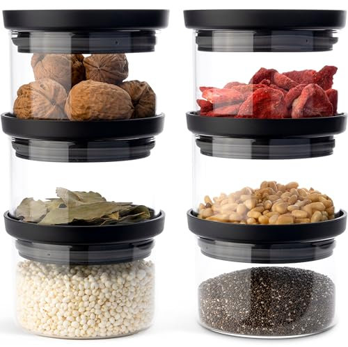 KIVY Lot de 6 petits bocaux de conservation en verre transparent - 350 ml - Boîtes à épices hermétiques empilables - Récipients à épices en verre - Tiroir à épices