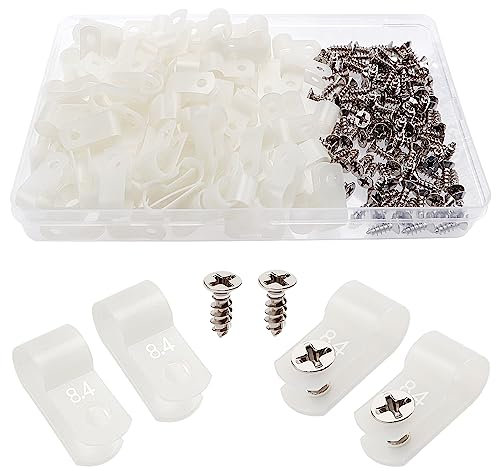VooGenzek 100 Pezzi 8.4mm (5/16 Pollice) R-tipo Cavo Clip Fascetta, Morsetti per Cavi in Nylon Tipo R con 100 Pezzi Viti, per la Gestione dei Fili (Bianco)