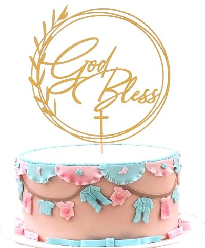 Golden Glitter God Bless Cake Topper - First Communion Cake Decoration, Wreath Baptism cake topper, Religious Party Cake Decoration