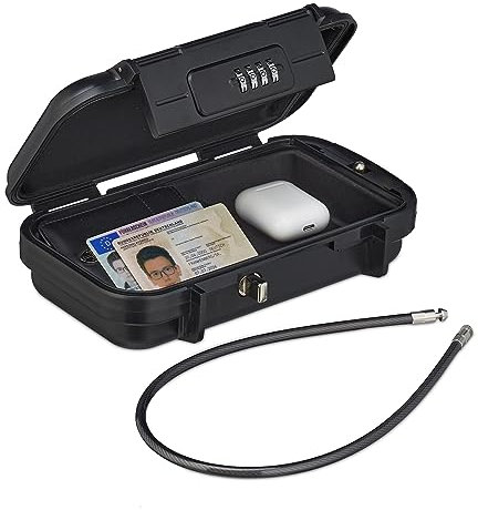 Relaxdays Sicherheitsbox mit Zahlenschloss, tragbar, Sicherungskabel, Autosafe, wasserdicht, HBT: 5,5x24x15 cm, schwarz