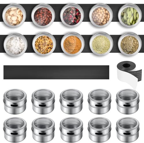 FoldTier Magnetische Gewürzbehälter-Set, 20 Stück, 57 ml, magnetische Gewürzgläser mit Sieb- und Ausgießdeckel, Edelstahl, magnetische Gewürzgläser mit 1,8 m Magnetband für Küche, Schränke,