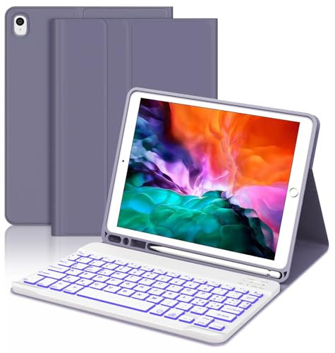 WINCHKING Tastiera per iPad 9 Generazione, Custodia con Tastiera per iPad 9 10.2, Cover Bluetooth Magnetica Retroilluminata Staccabile Keyboard per ipad 9/8/7 Generazione 10.2 / Air 3, Viola lavanda