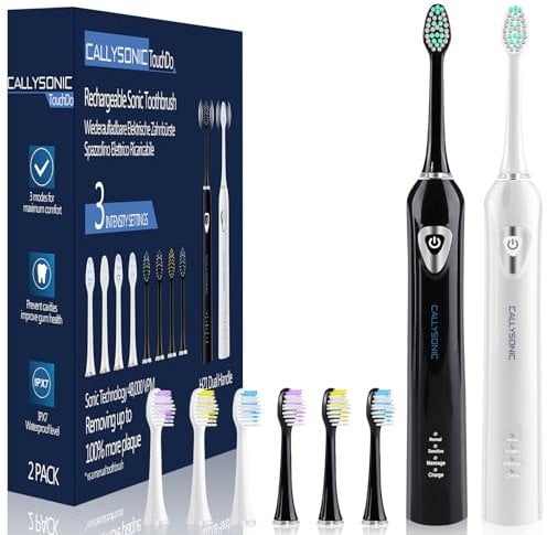 CallySonic Sonic Elektrische Zahnbürste Doppelpack, H31 Schallzahnbürste Elektrische mit 8 Aufsteckbürsten, 3 Putzprogrammen, Timer, USB-Ladung mit Hält 45 Tage, Wasserdicht nach IPX7, Schwarz/Weiß