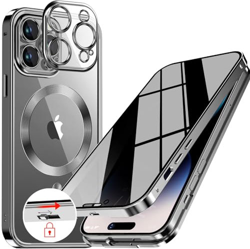 [CD-Metallring & Sicherheitsschloss] Magnetische 360 Grad Ganzkörper Sichtschutzhülle für iPhone 15 Pro 6.1' [Integrierter Linsenschutz] Schutzhülle mit Integriertem 9H-Glasbildschirm, – Titan Natur