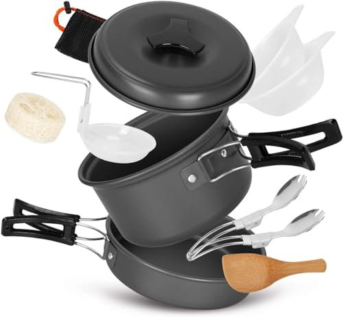Camping Cookware Mess Kit - Small Camping Cooking Set for 1 - Compact Lightweight and Durable Pot Pan Bowls Sporks Set for Backpacking Hiking and Survival