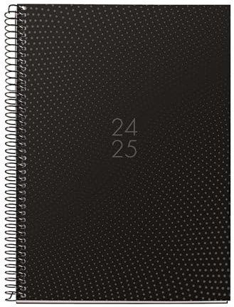 Miquelrius - Kalender, 18 Monate, 24-25, von Juli 2024 bis Dezember 2025, Größe Plus, 155 x 213 mm, Wochenansicht, Spiralbindung, schwarzer Metallspiegel, gefütterter Kartoneinband, Spanisch, Englisch