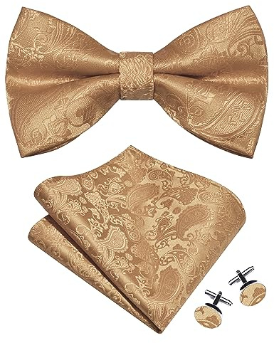 Gusleson Tan Bow Tie Pocket Square Set for Wedding Pre-Tied Khaki Brown Paisley Bowties Handkerchief Cufflinks for Men (UK0497-16)