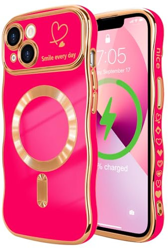 LCHULLE for iPhone 13 Case for Women Girls [Compatible with MagSafe] Cute Curly Wave Shape, Magnetic Love Heart Pattern with Camera Lens Cover Luxury Plating Shockproof Phone Case,Hot Pink