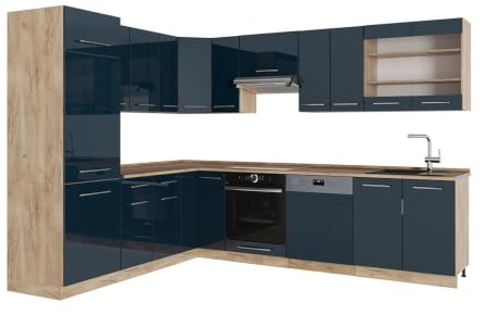 Vicco Eckküche Fame-Line, Dunkelblau Hochglanz/Goldkraft Eiche, 227 x 287 cm, AP Eiche